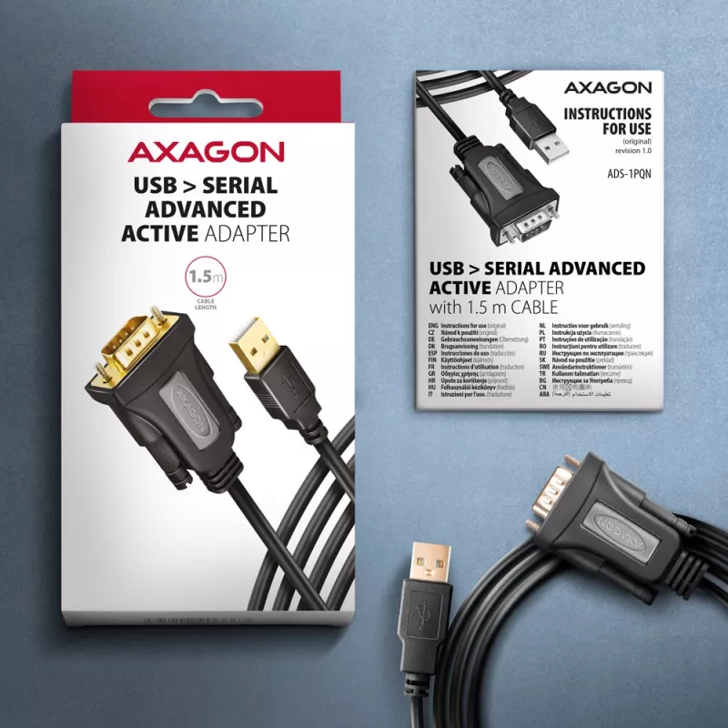 Axagon ADS-1PQN USB-A 2.0 - jada RS-232 DB9-M FTDI adapterkaabel