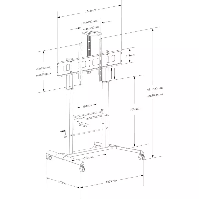 Multimeediakäru TECHLY ICA-TR230 Must lameekraanile kuni 110 tolli, VESA 900x600, kõrgus 1850 mm, koormus 120 kg