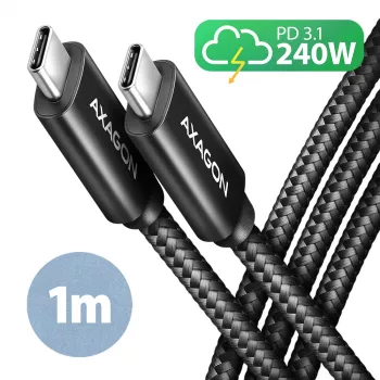 Axagon BUCM2-CM10AB Andme- ja laadimiskaabel USB 480Mbps 1 m. PD 240W, 5A. Must punutud