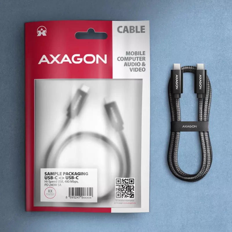 Axagon BUCM2-CM20AB Andme- ja laadimiskaabel USB 480Mbps 2 m. PD 240W, 5A. Must punutud