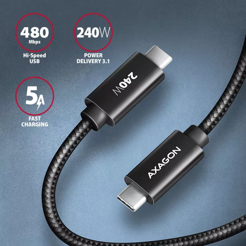 Axagon BUCM2-CM25AB Andme- ja laadimiskaabel USB 480Mbps 2.5 m. PD 240W, 5A. Must punutud