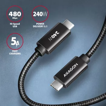 Axagon BUCM2-CM30AB Andme- ja laadimiskaabel USB 480Mbps 3 m. PD 240W, 5A. Must punutud