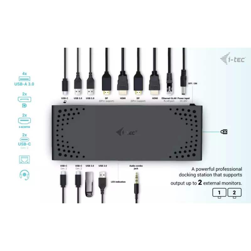 i-tec USB 3.0 / USB-C / Thunderbolt 3 kahe ekraani dokkimisjaam Gen2 + Power Delivery 100W