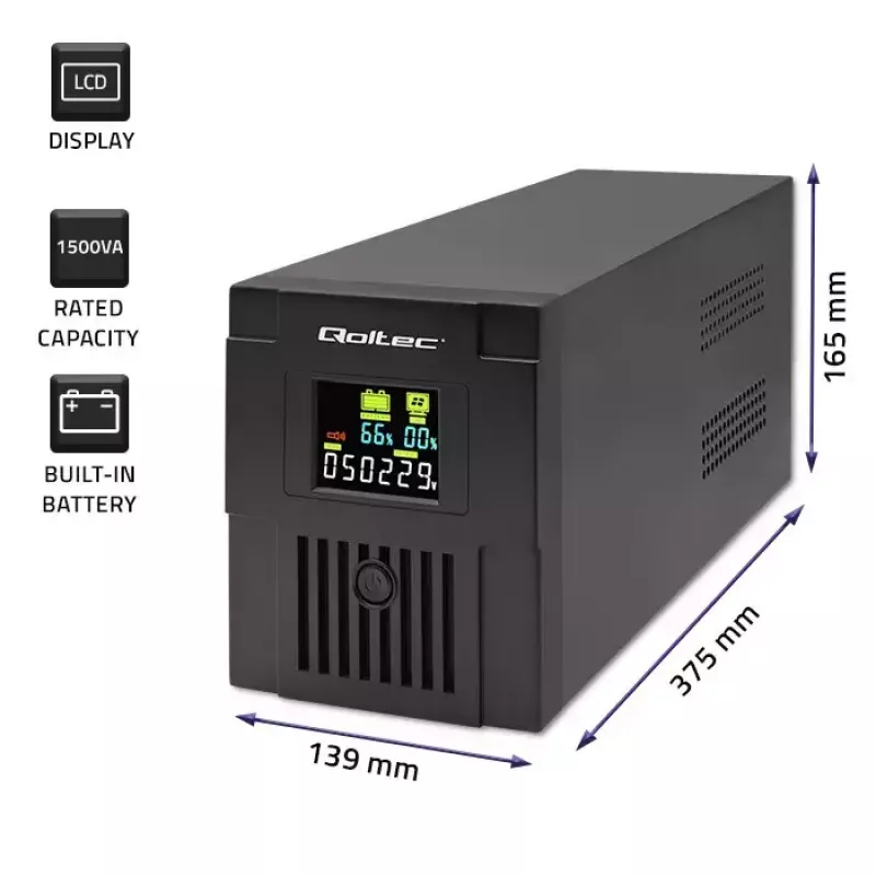 Katkematu toiteallikas QOLTEC 53770, Line-Interactive UPS 1.5 kVA (900 W), 2 C13 pistikupesa, AVR, LCD, USB Type-B
