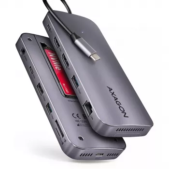 Axagon HMC-12GM2, USB 10Gbps jaotur, 3x USB-A, USB-C, HDMI, DP, RJ-45, M.2, SD/mSD, heli, PD