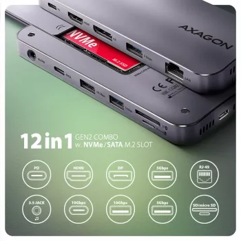 Axagon HMC-12GM2, USB 10Gbps jaotur, 3x USB-A, USB-C, HDMI, DP, RJ-45, M.2, SD/mSD, heli, PD