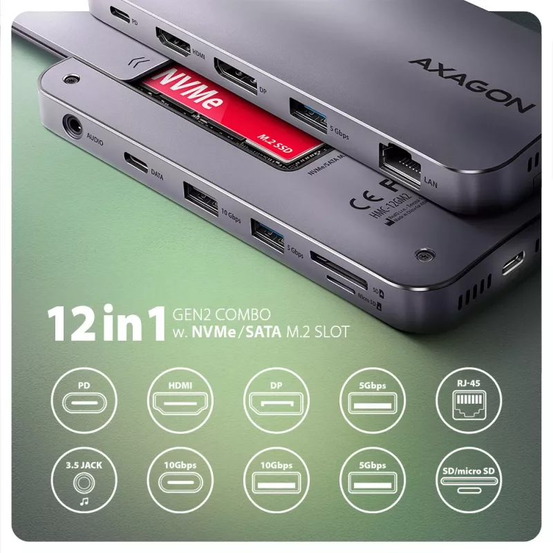 Axagon HMC-12GM2, USB 10Gbps jaotur, 3x USB-A, USB-C, HDMI, DP, RJ-45, M.2, SD/mSD, heli, PD