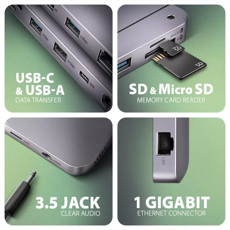 Axagon HMC-12GM2, USB 10Gbps jaotur, 3x USB-A, USB-C, HDMI, DP, RJ-45, M.2, SD/mSD, heli, PD