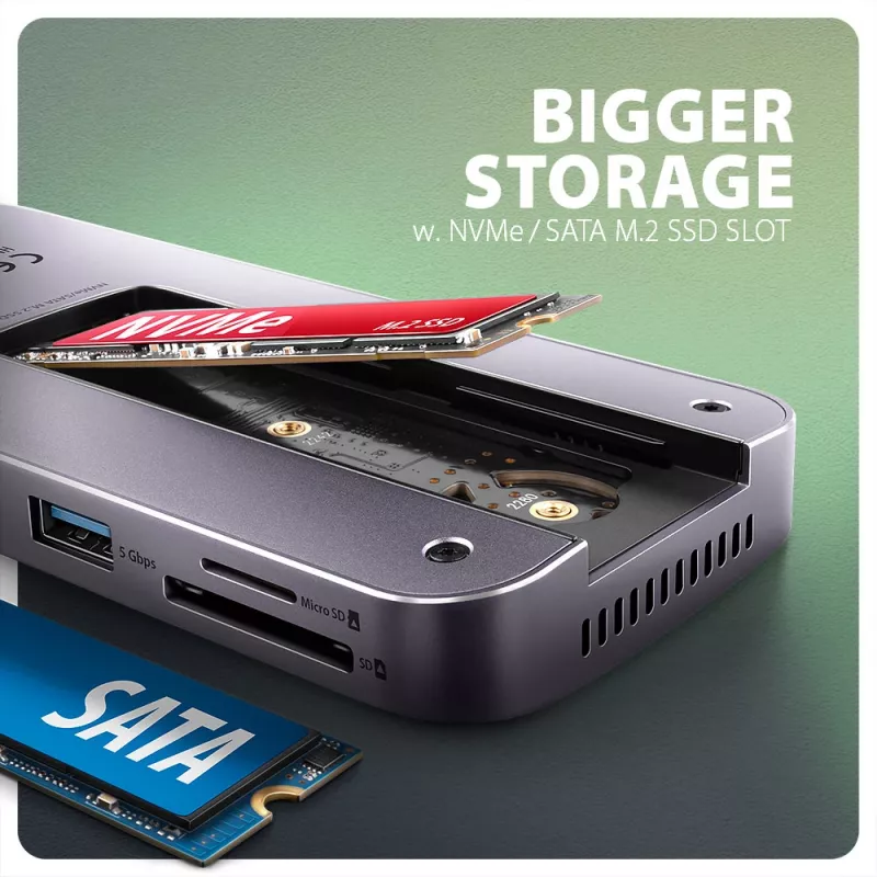 Axagon HMC-12GM2, USB 10Gbps jaotur, 3x USB-A, USB-C, HDMI, DP, RJ-45, M.2, SD/mSD, heli, PD