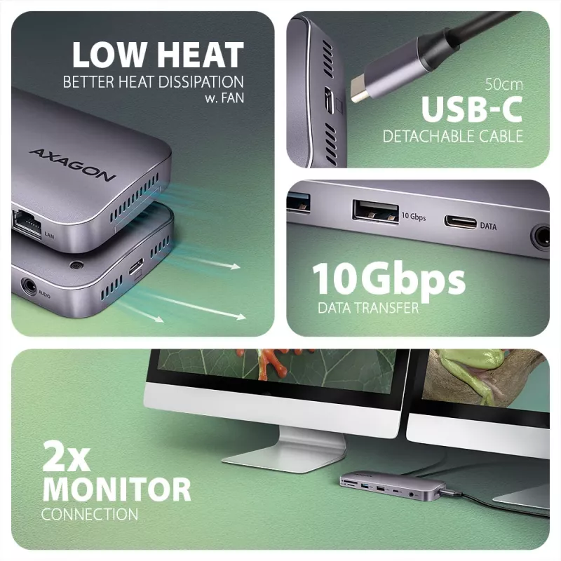 Axagon HMC-12GM2, USB 10Gbps jaotur, 3x USB-A, USB-C, HDMI, DP, RJ-45, M.2, SD/mSD, heli, PD
