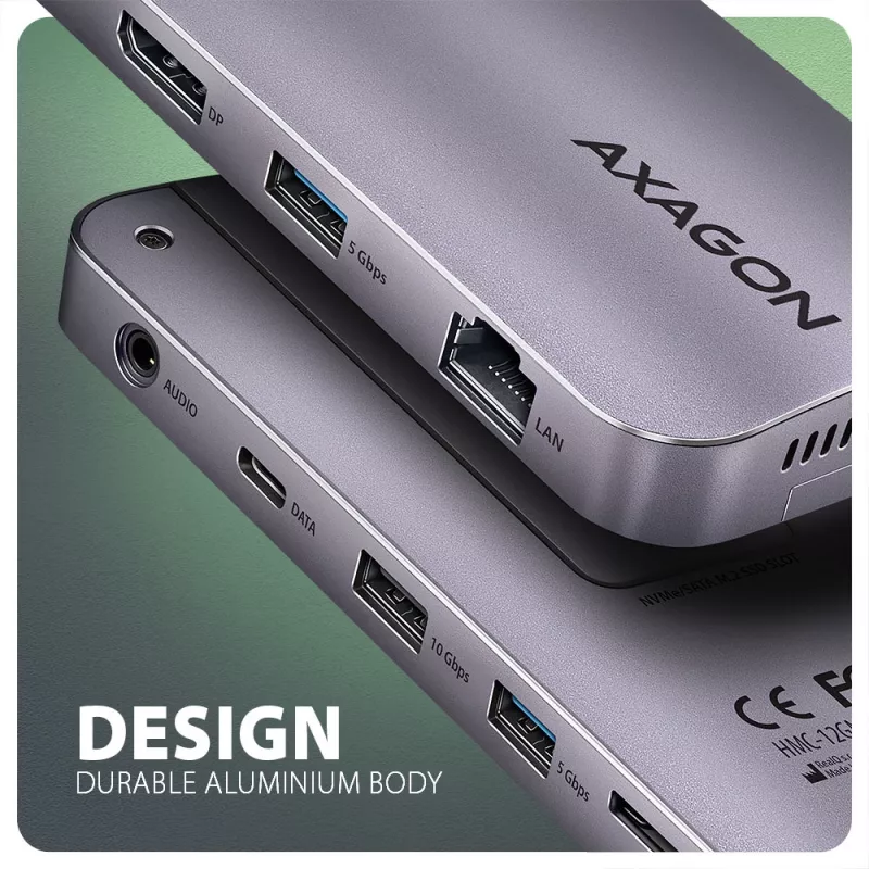Axagon HMC-12GM2, USB 10Gbps jaotur, 3x USB-A, USB-C, HDMI, DP, RJ-45, M.2, SD/mSD, heli, PD