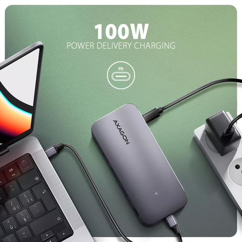 Axagon HMC-12GM2, USB 10Gbps jaotur, 3x USB-A, USB-C, HDMI, DP, RJ-45, M.2, SD/mSD, heli, PD