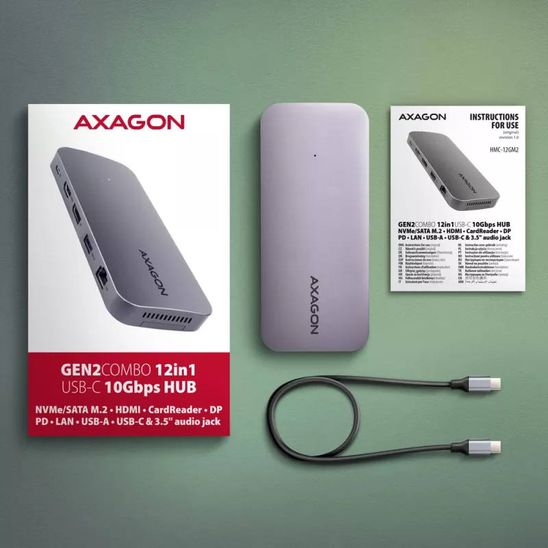 Axagon HMC-12GM2, USB 10Gbps jaotur, 3x USB-A, USB-C, HDMI, DP, RJ-45, M.2, SD/mSD, heli, PD