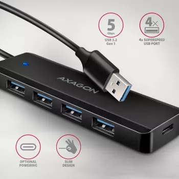 Axagon HUE-C1A 4x USB 5Gbps TRAVEL jaotur, USB-C toite sisend, 19 cm USB-A kaabel
