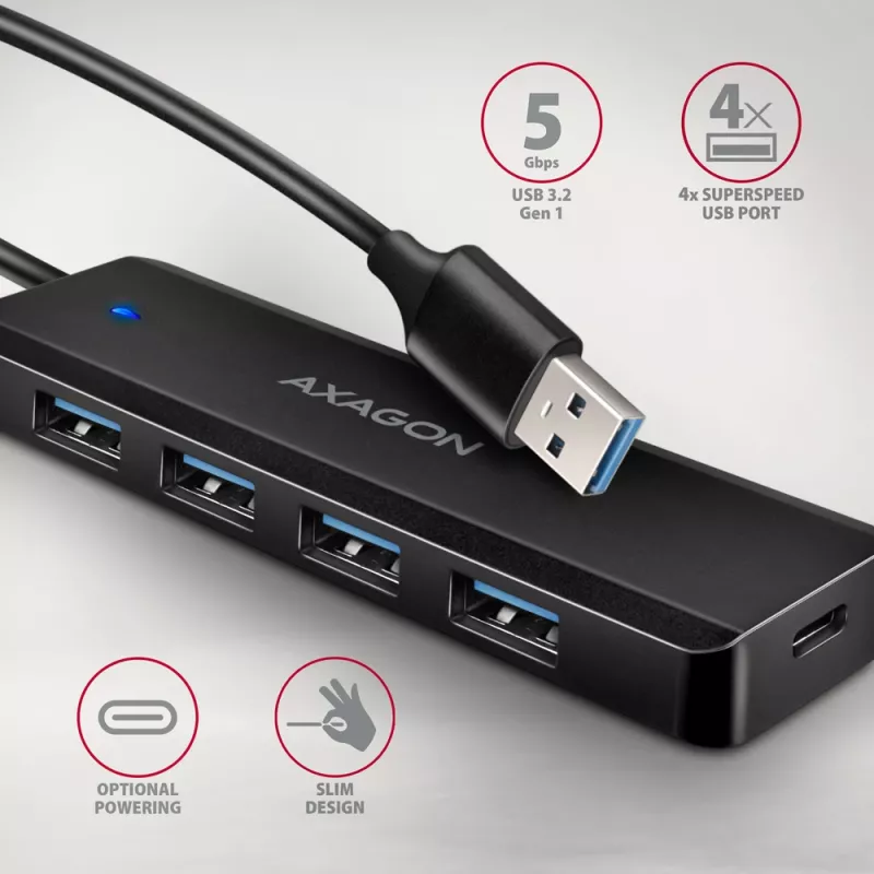 Axagon HUE-C1A 4x USB 5Gbps TRAVEL jaotur, USB-C toite sisend, 19 cm USB-A kaabel