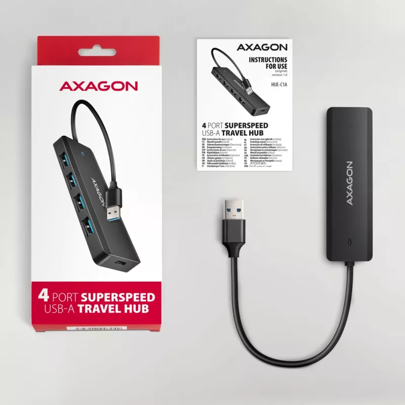 Axagon HUE-C1A 4x USB 5Gbps TRAVEL jaotur, USB-C toite sisend, 19 cm USB-A kaabel