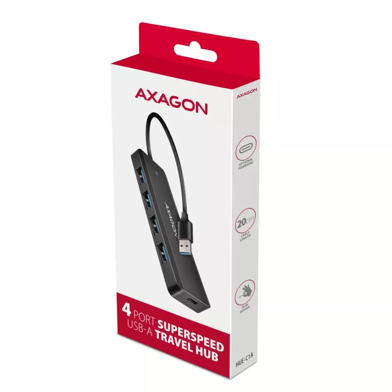 Axagon HUE-C1A 4x USB 5Gbps TRAVEL jaotur, USB-C toite sisend, 19 cm USB-A kaabel