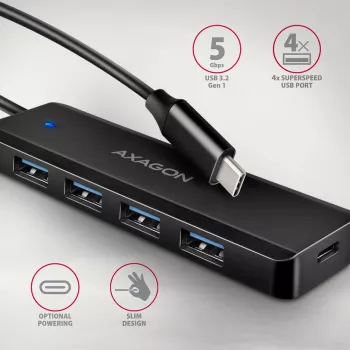 Axagon HUE-C1C 4x USB 5Gbps TRAVEL jaotur, USB-C toite sisend, 19 cm USB-C kaabel