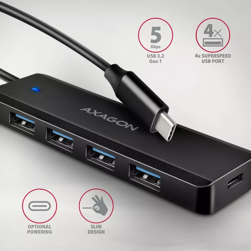 Axagon HUE-C1C 4x USB 5Gbps TRAVEL jaotur, USB-C toite sisend, 19 cm USB-C kaabel