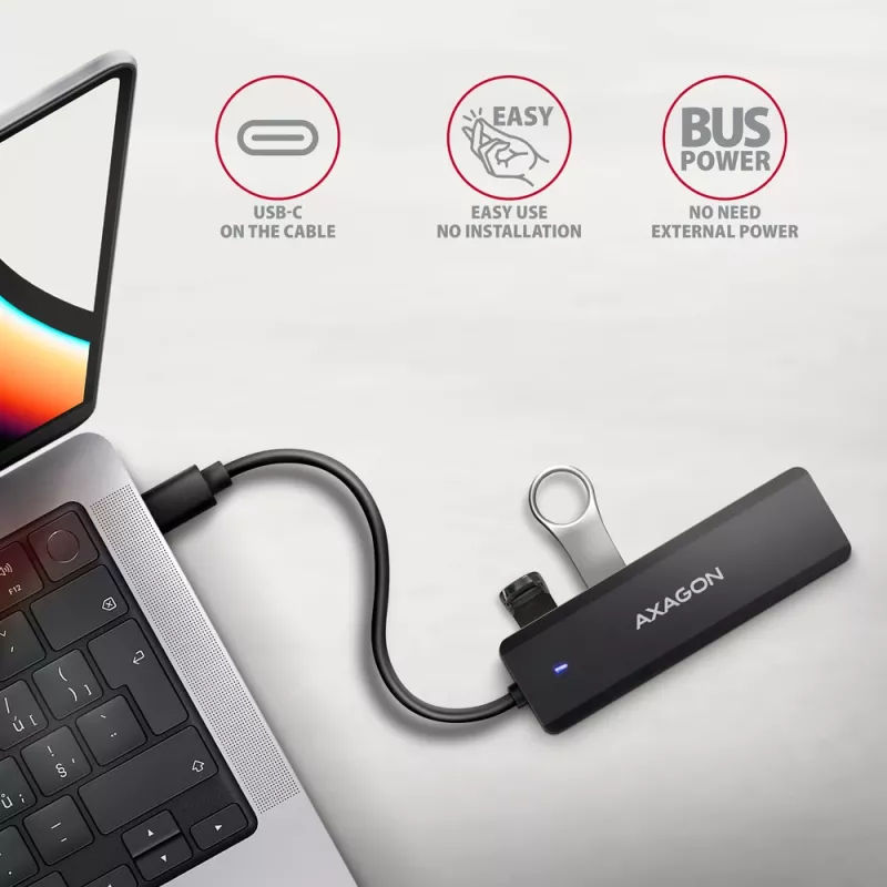 Axagon HUE-C1C 4x USB 5Gbps TRAVEL jaotur, USB-C toite sisend, 19 cm USB-C kaabel