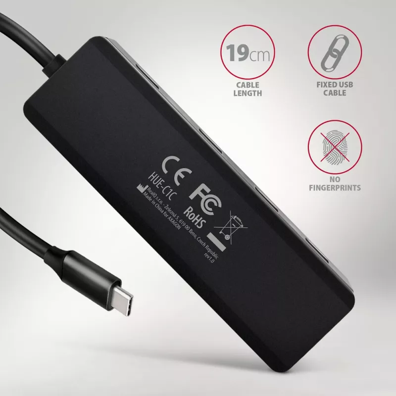 Axagon HUE-C1C 4x USB 5Gbps TRAVEL jaotur, USB-C toite sisend, 19 cm USB-C kaabel
