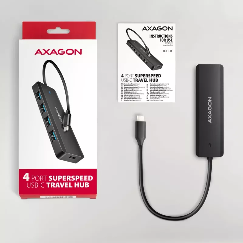 Axagon HUE-C1C 4x USB 5Gbps TRAVEL jaotur, USB-C toite sisend, 19 cm USB-C kaabel