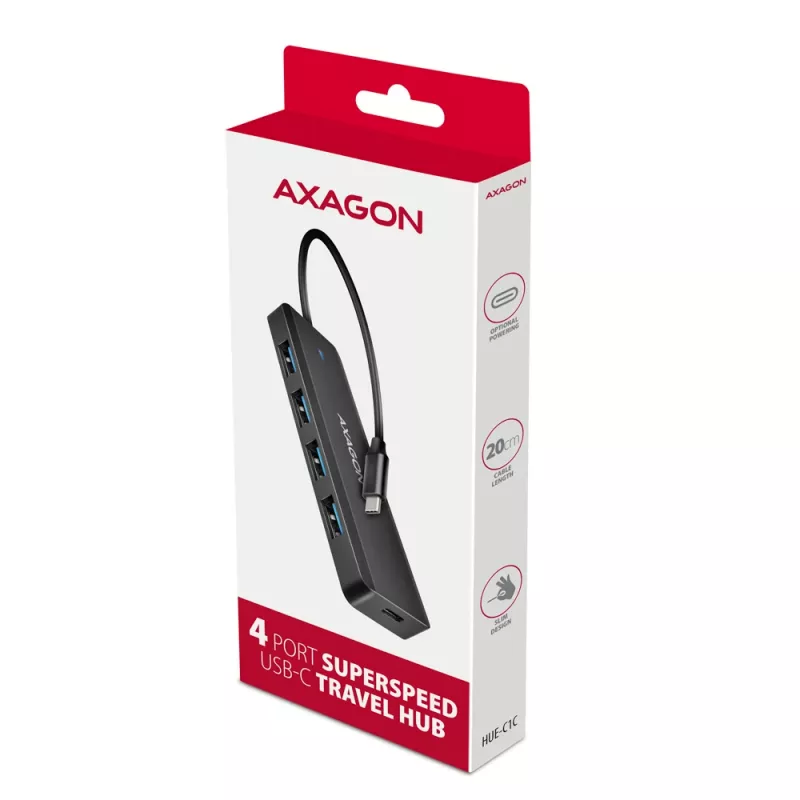 Axagon HUE-C1C 4x USB 5Gbps TRAVEL jaotur, USB-C toite sisend, 19 cm USB-C kaabel
