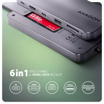 Axagon HMC-6GM2 USB 10Gbps jaotur USB-A USB-C HDMI M.2 SD/mSD PD 100W USB-C Juhtmega USB 3.2 Gen 2 (3.1 Gen 2) Type-C Hall