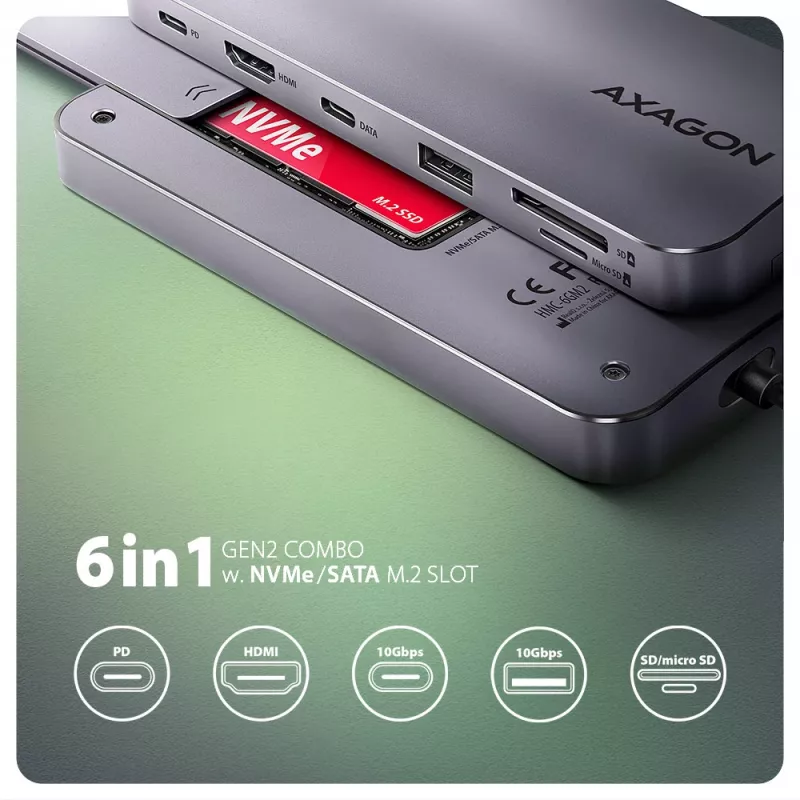 Axagon HMC-6GM2 USB 10Gbps jaotur USB-A USB-C HDMI M.2 SD/mSD PD 100W USB-C Juhtmega USB 3.2 Gen 2 (3.1 Gen 2) Type-C Hall