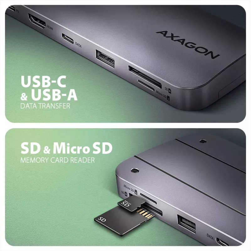 Axagon HMC-6GM2 USB 10Gbps jaotur USB-A USB-C HDMI M.2 SD/mSD PD 100W USB-C Juhtmega USB 3.2 Gen 2 (3.1 Gen 2) Type-C Hall