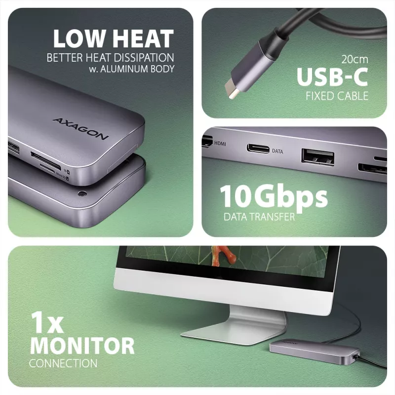 Axagon HMC-6GM2 USB 10Gbps jaotur USB-A USB-C HDMI M.2 SD/mSD PD 100W USB-C Juhtmega USB 3.2 Gen 2 (3.1 Gen 2) Type-C Hall