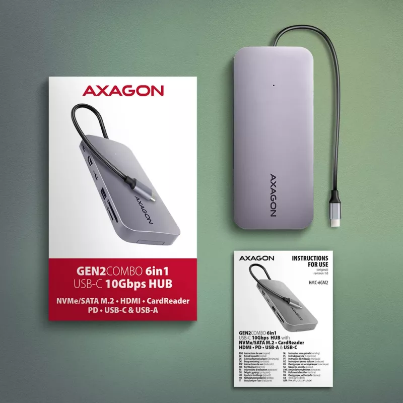 Axagon HMC-6GM2 USB 10Gbps jaotur USB-A USB-C HDMI M.2 SD/mSD PD 100W USB-C Juhtmega USB 3.2 Gen 2 (3.1 Gen 2) Type-C Hall