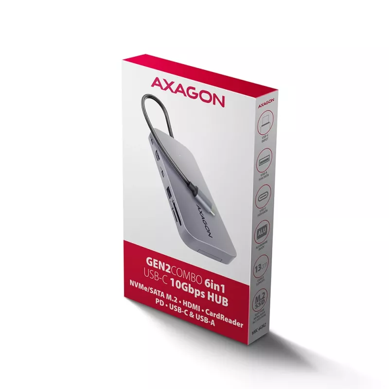 Axagon HMC-6GM2 USB 10Gbps jaotur USB-A USB-C HDMI M.2 SD/mSD PD 100W USB-C Juhtmega USB 3.2 Gen 2 (3.1 Gen 2) Type-C Hall