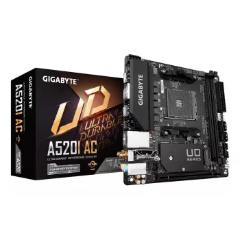 GIGABYTE A520I AC emaplaat – toetab AMD Ryzen 5000 seeria AM4 protsessoreid, 6 faasi digitaalne VRM, kuni 5300 MHz DDR4 (OC), 1xPCIe 3.0 M.2, WIFI, GbE LAN, USB 3.2 Gen1