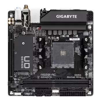 GIGABYTE A520I AC emaplaat – toetab AMD Ryzen 5000 seeria AM4 protsessoreid, 6 faasi digitaalne VRM, kuni 5300 MHz DDR4 (OC), 1xPCIe 3.0 M.2, WIFI, GbE LAN, USB 3.2 Gen1