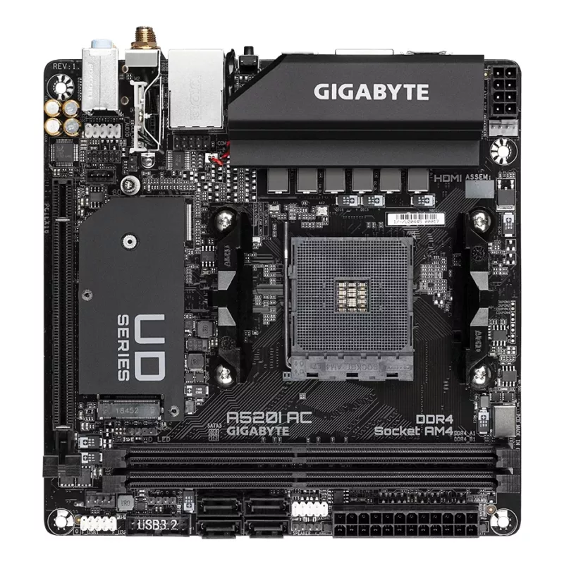 GIGABYTE A520I AC emaplaat – toetab AMD Ryzen 5000 seeria AM4 protsessoreid, 6 faasi digitaalne VRM, kuni 5300 MHz DDR4 (OC), 1xPCIe 3.0 M.2, WIFI, GbE LAN, USB 3.2 Gen1