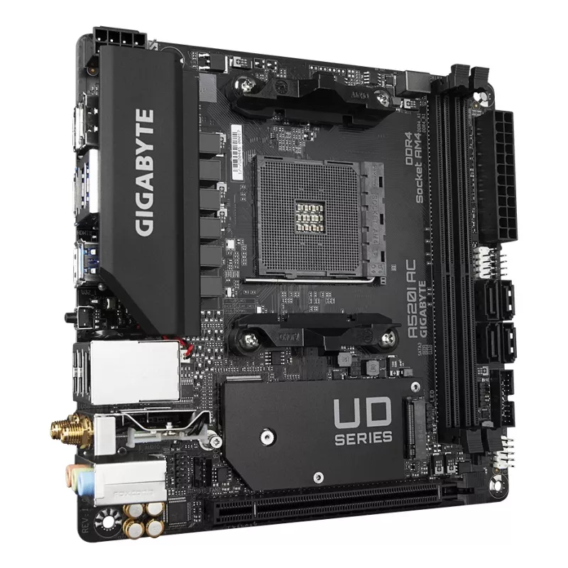 GIGABYTE A520I AC emaplaat – toetab AMD Ryzen 5000 seeria AM4 protsessoreid, 6 faasi digitaalne VRM, kuni 5300 MHz DDR4 (OC), 1xPCIe 3.0 M.2, WIFI, GbE LAN, USB 3.2 Gen1