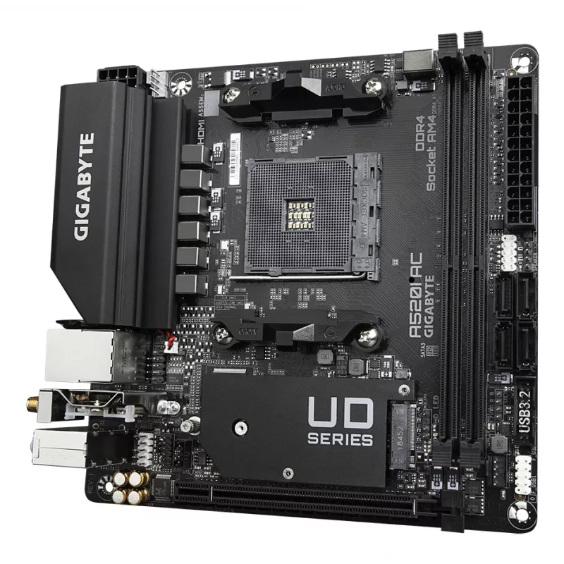 GIGABYTE A520I AC emaplaat – toetab AMD Ryzen 5000 seeria AM4 protsessoreid, 6 faasi digitaalne VRM, kuni 5300 MHz DDR4 (OC), 1xPCIe 3.0 M.2, WIFI, GbE LAN, USB 3.2 Gen1