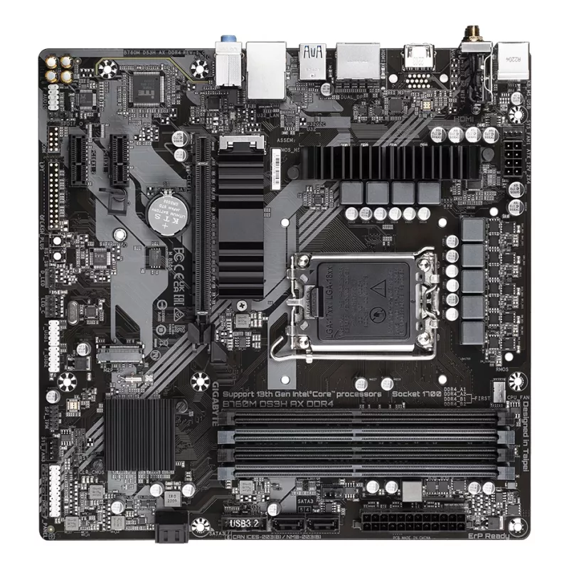 GIGABYTE B760M DS3H AX DDR4 emaplaat – toetab Inteli 14. põlvkonna protsessoreid, 6+2+1 faasi digitaalne VRM, kuni 5333 MHz DDR4 (OC), 2xPCIe 4.0 M.2, Wi-Fi 6E, 2,5GbE LAN, USB 3.2 Gen2
