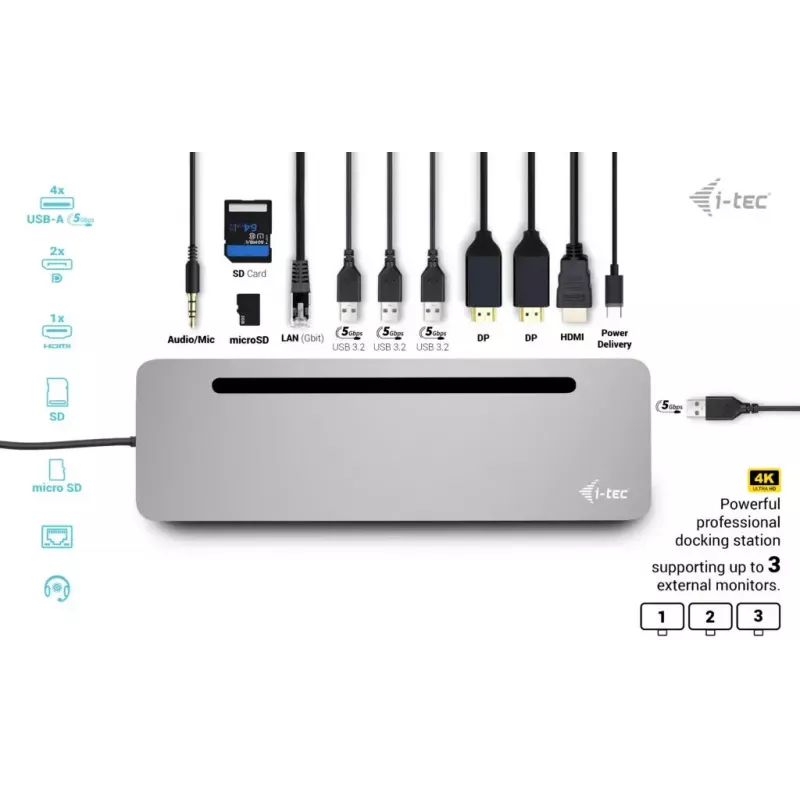 i-tec USB-C metallist ergonoomiline 3x 4K-ekraani dokkimisjaam toiteallikaga 100 W ja universaallaadijaga 100 W
