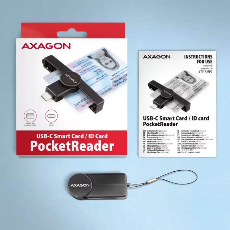 Axagon CRE-SMPC USB-C nutikaardi/ID-kaardi PocketReader kaardilugeja siseruumides USB USB-C Must