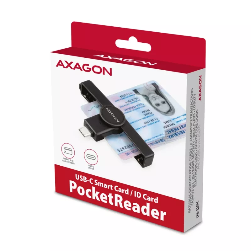 Axagon CRE-SMPC USB-C nutikaardi/ID-kaardi PocketReader kaardilugeja siseruumides USB USB-C Must