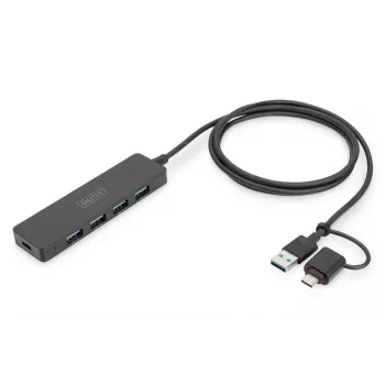 DIGITUS USB 3.0 Hub 4-Port Slimline with USB-C Adapter 5Gbps 1m kaabel