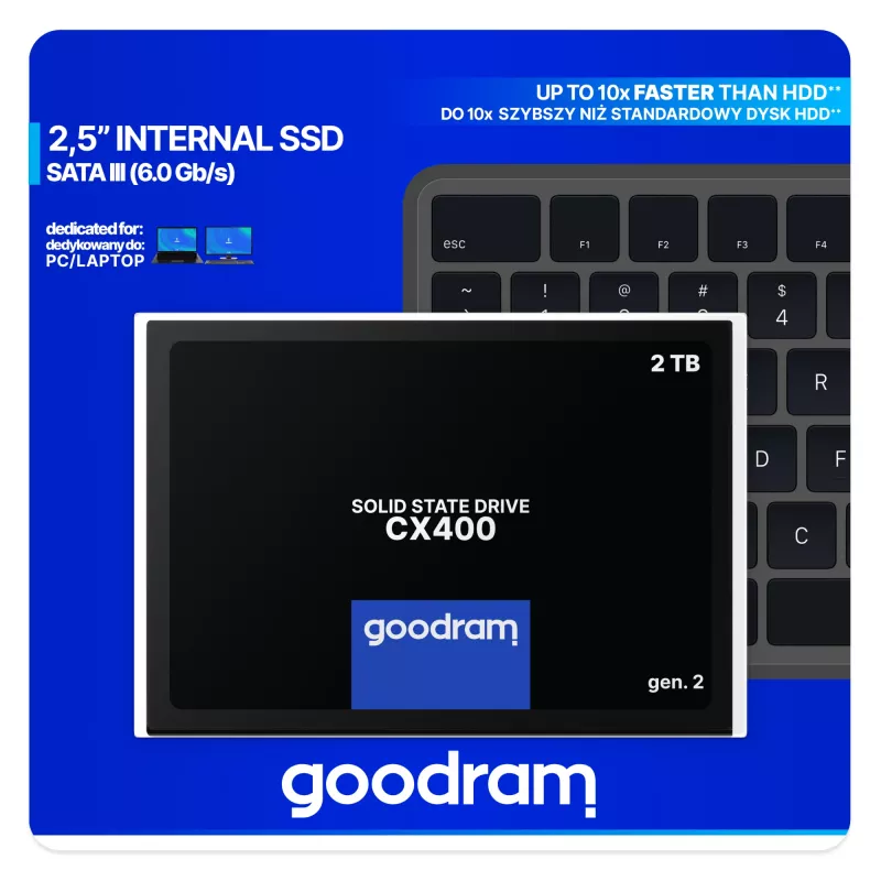 2.5-tolline SATA III SSD GOODRAM CX400 2,05 TB (2048 GB) 3D NAND, lugemiskiirus 550 MB/s, kirjutamiskiirus 500 MB/s, TBW 720, MTBF 2 000 000 h