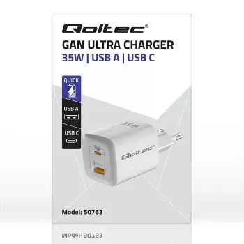 QOLTEC Charger 50763 — Indoor AC Fast Charger 35W, USB-C PD 3.0 + USB-A, 5–20V, Valge