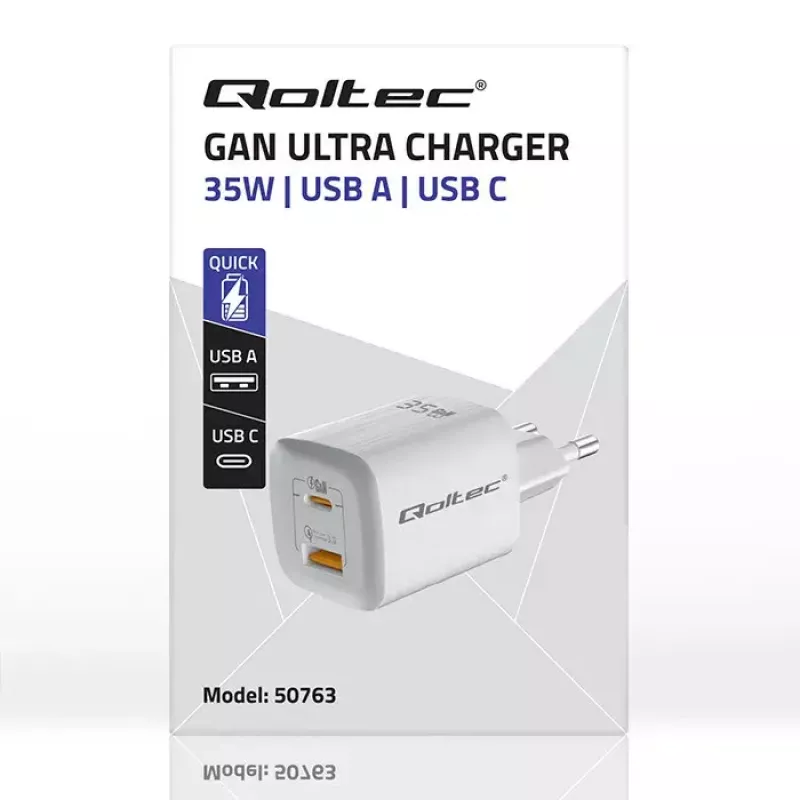 QOLTEC Charger 50763 — Indoor AC Fast Charger 35W, USB-C PD 3.0 + USB-A, 5–20V, Valge