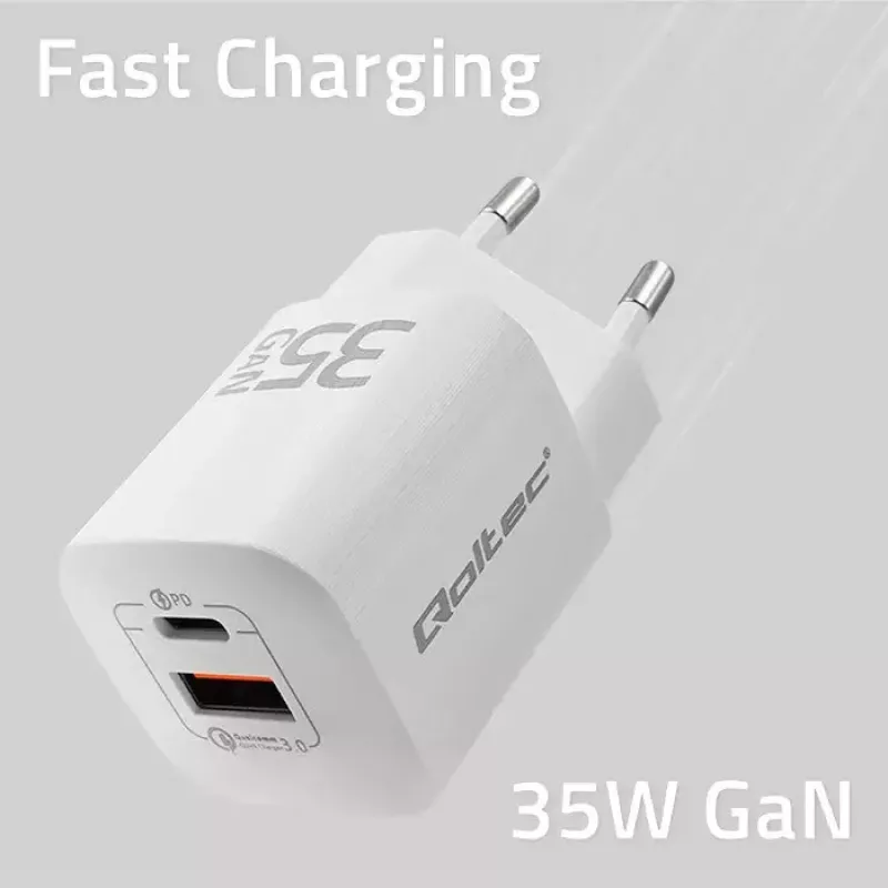 QOLTEC Charger 50763 — Indoor AC Fast Charger 35W, USB-C PD 3.0 + USB-A, 5–20V, Valge