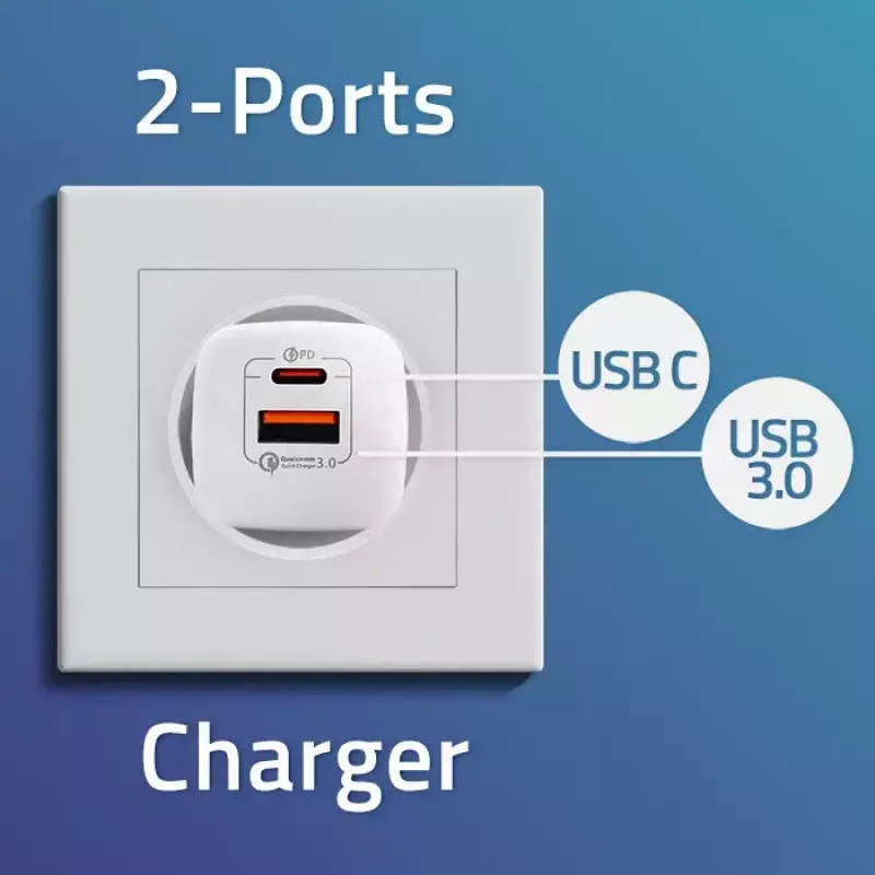 QOLTEC Charger 50763 — Indoor AC Fast Charger 35W, USB-C PD 3.0 + USB-A, 5–20V, Valge