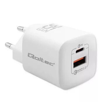 QOLTEC Charger 50763 — Indoor AC Fast Charger 35W, USB-C PD 3.0 + USB-A, 5–20V, Valge