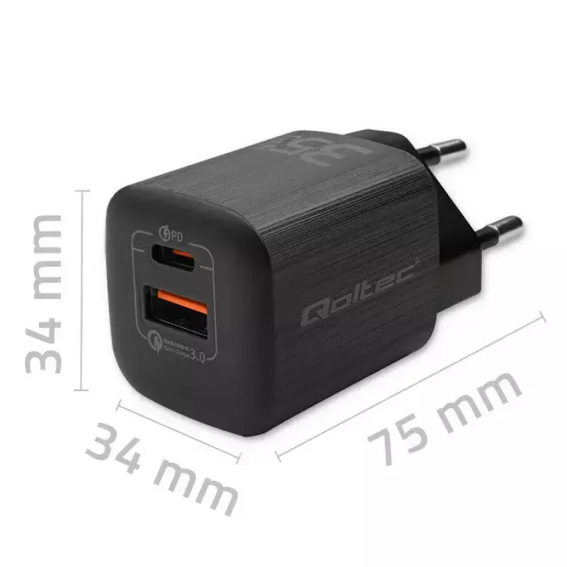 QOLTEC 50764 sise-vahelduvvoolu kiirlaadija USB-C 35W PD 3.0 + USB-A, 5–20V, C-tüüpi europistik